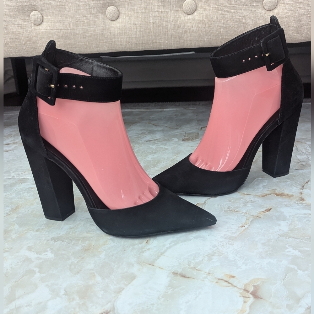 Steve Madden Black Suede Pointed-Toe Block Heel with Ankle Strap